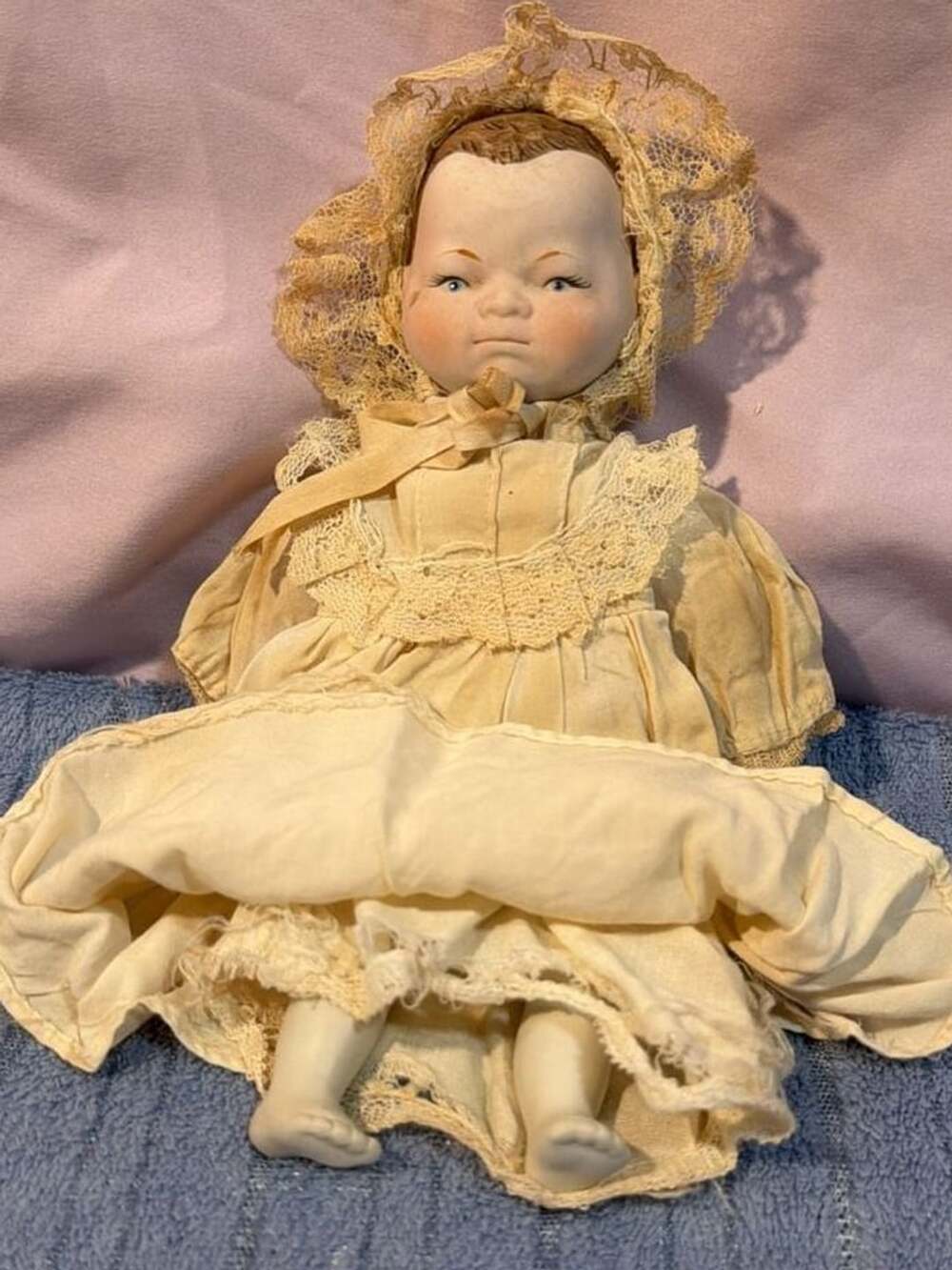Antique Bisque Porcelain Baby Doll Vintage Fabric Gown Bonnet